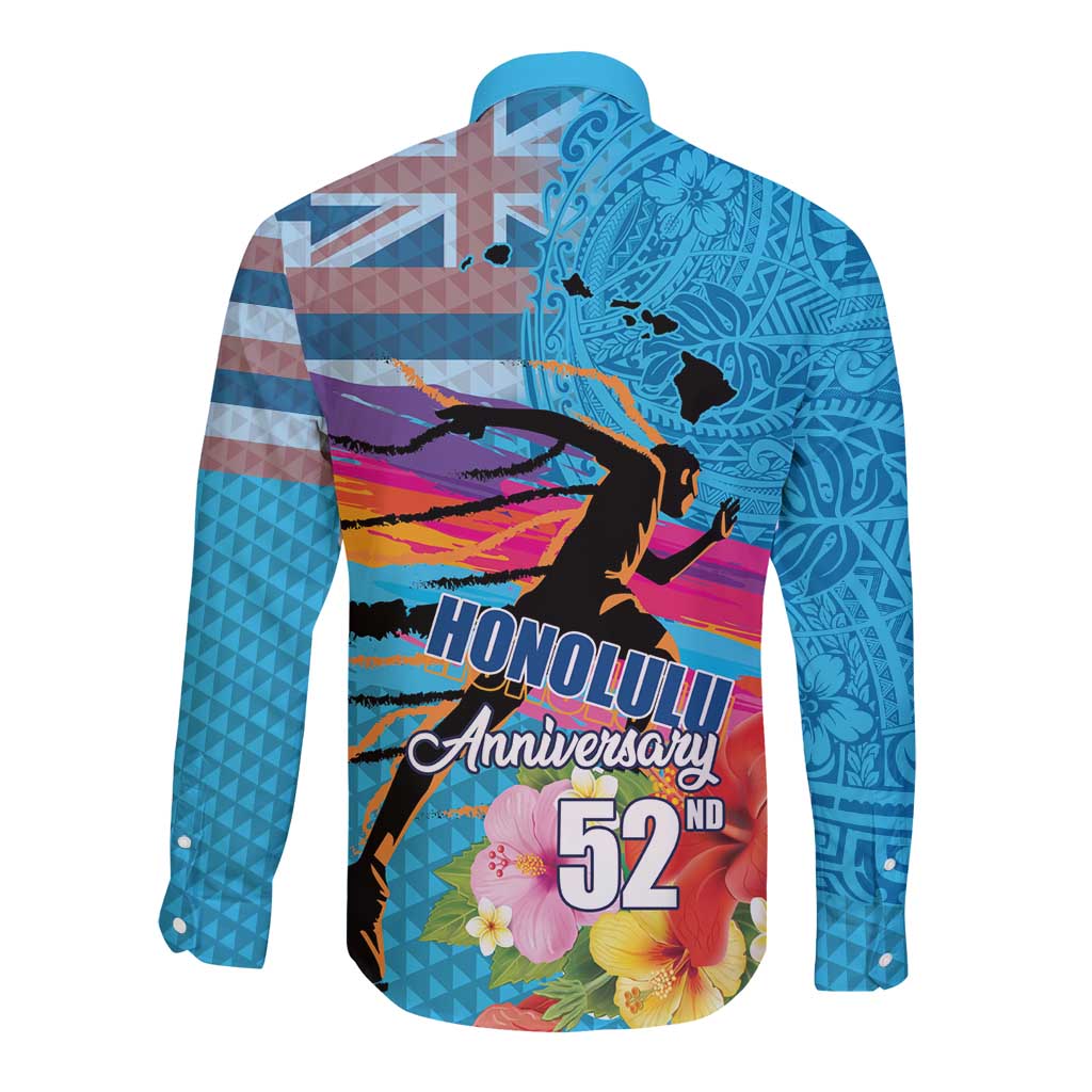 Honolulu Anniversary 52nd Running Long Sleeve Button Shirt Marathon Competition Kakau Pattern Blue Color