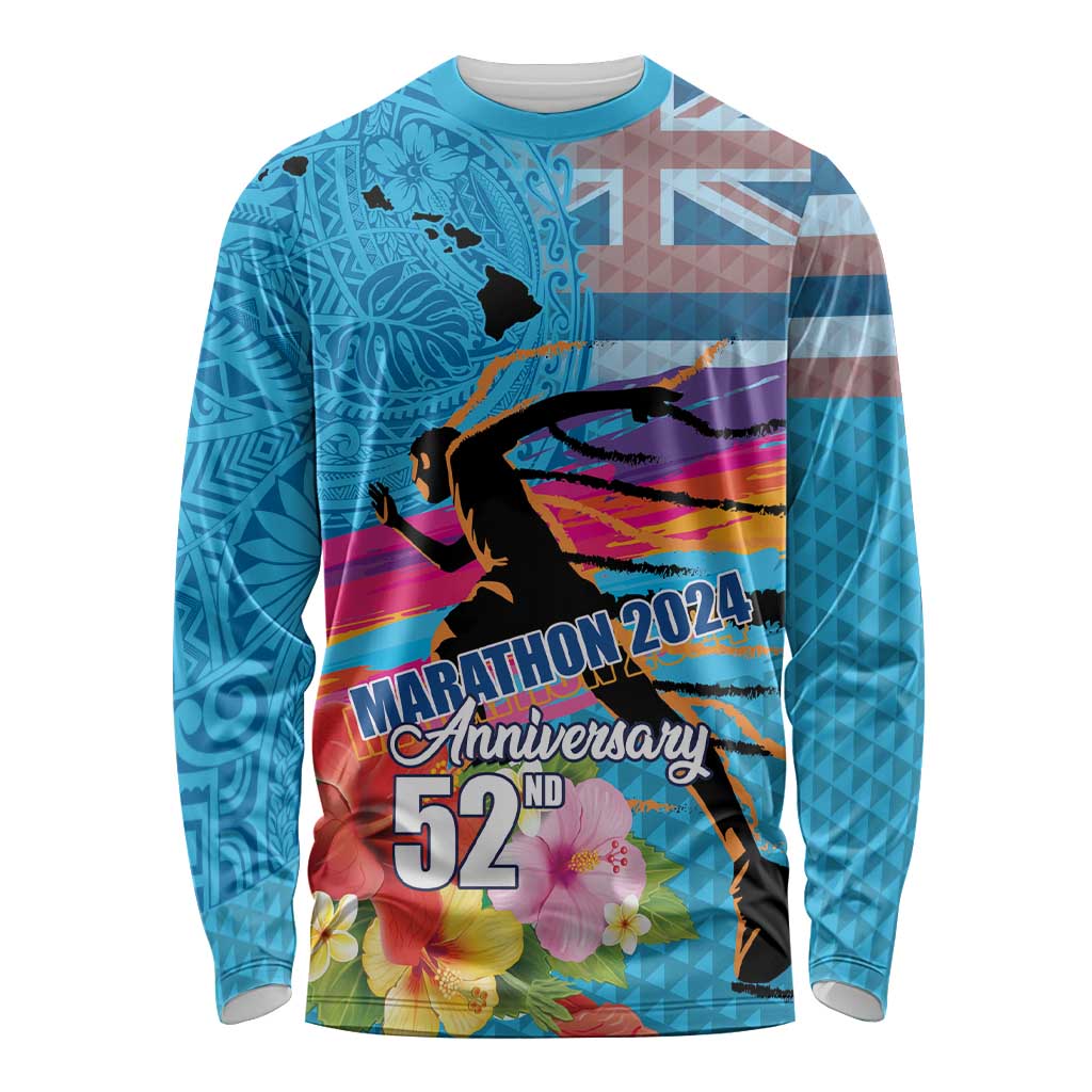 Honolulu Anniversary 52nd Running Long Sleeve Shirt Marathon Competition Kakau Pattern Blue Color LT03 Unisex Blue - Polynesian Pride