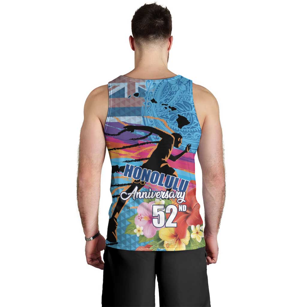 Honolulu Anniversary 52nd Running Men Tank Top Marathon Competition Kakau Pattern Blue Color