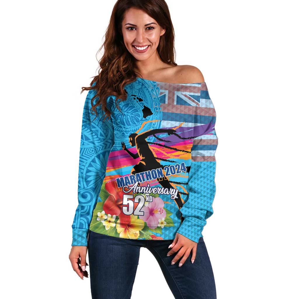 Honolulu Anniversary 52nd Running Off Shoulder Sweater Marathon Competition Kakau Pattern Blue Color LT03 Women Blue - Polynesian Pride