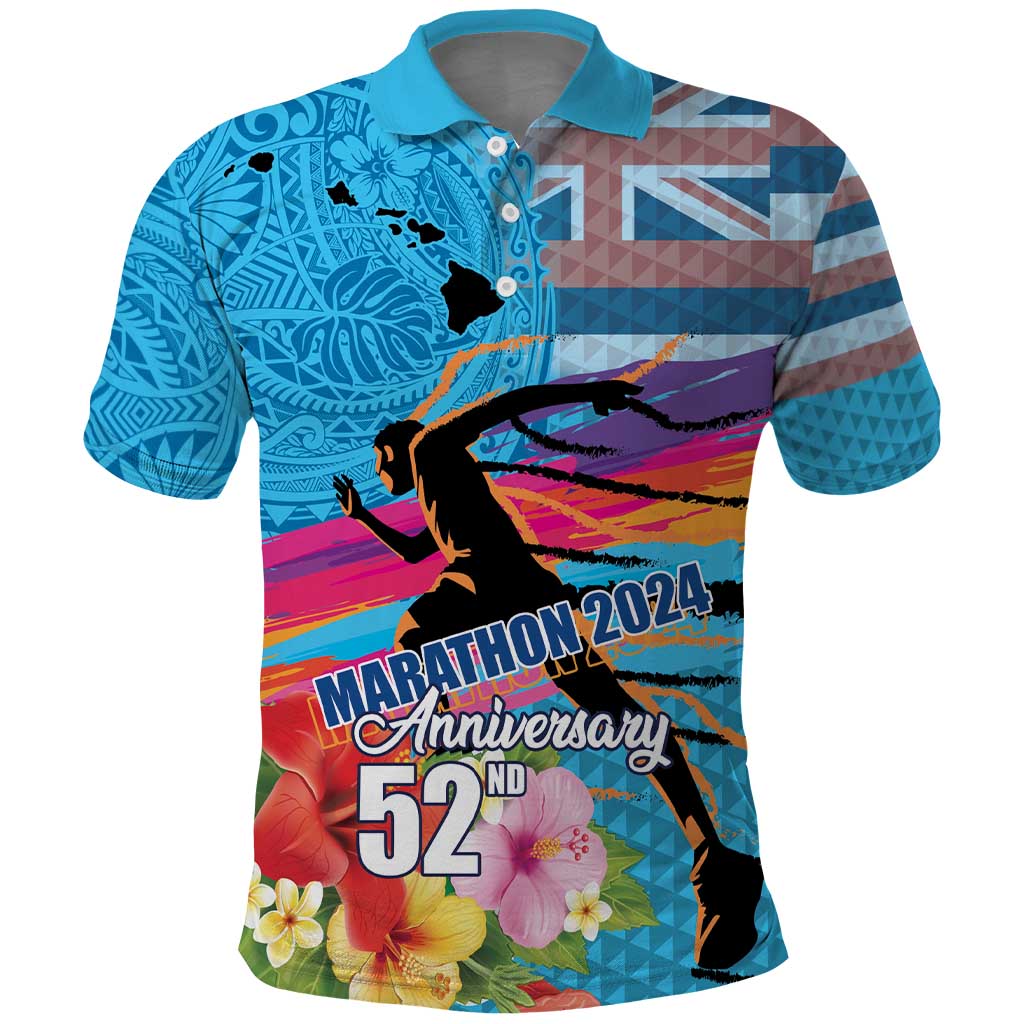 Honolulu Anniversary 52nd Running Polo Shirt Marathon Competition Kakau Pattern Blue Color