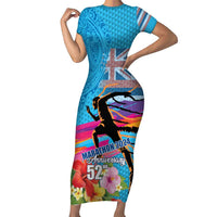 Honolulu Anniversary 52nd Running Short Sleeve Bodycon Dress Marathon Competition Kakau Pattern Blue Color LT03 Long Dress Blue - Polynesian Pride