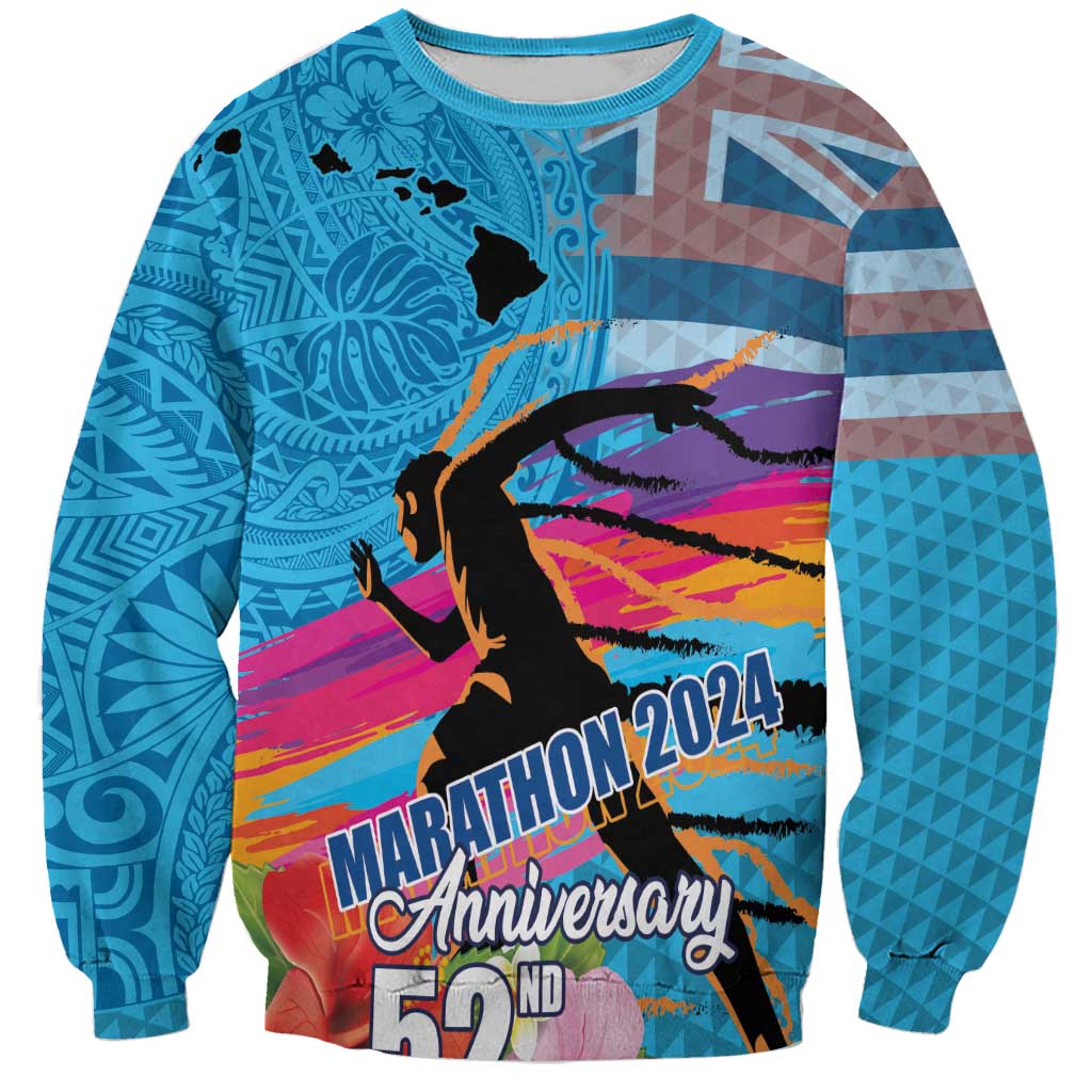 Honolulu Anniversary 52nd Running Sweatshirt Marathon Competition Kakau Pattern Blue Color
