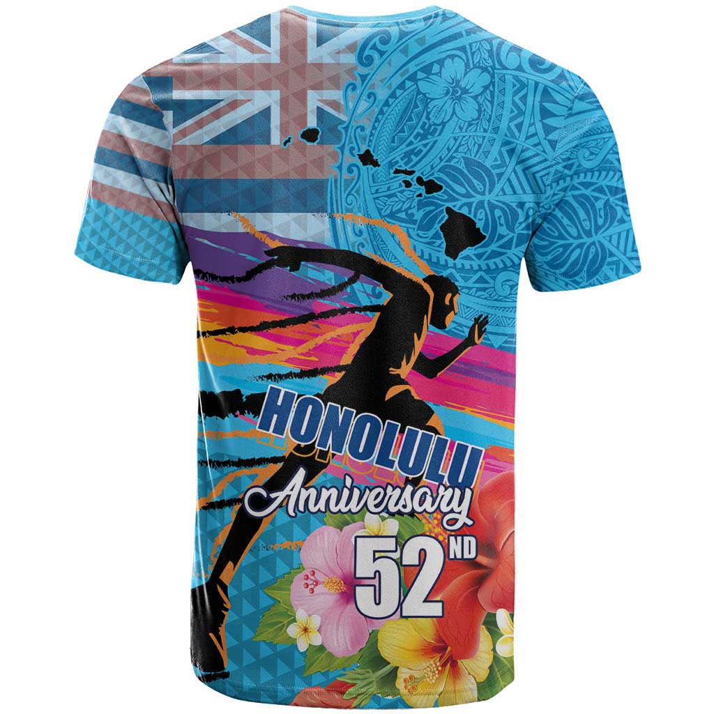 Honolulu Anniversary 52nd Running T Shirt Marathon Competition Kakau Pattern Blue Color