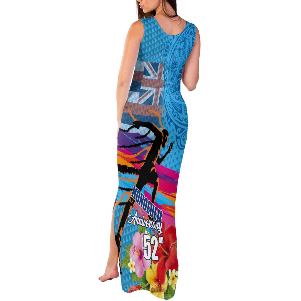 Honolulu Anniversary 52nd Running Tank Maxi Dress Marathon Competition Kakau Pattern Blue Color