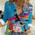 Honolulu Anniversary 52nd Running Women Casual Shirt Marathon Competition Kakau Pattern Blue Color