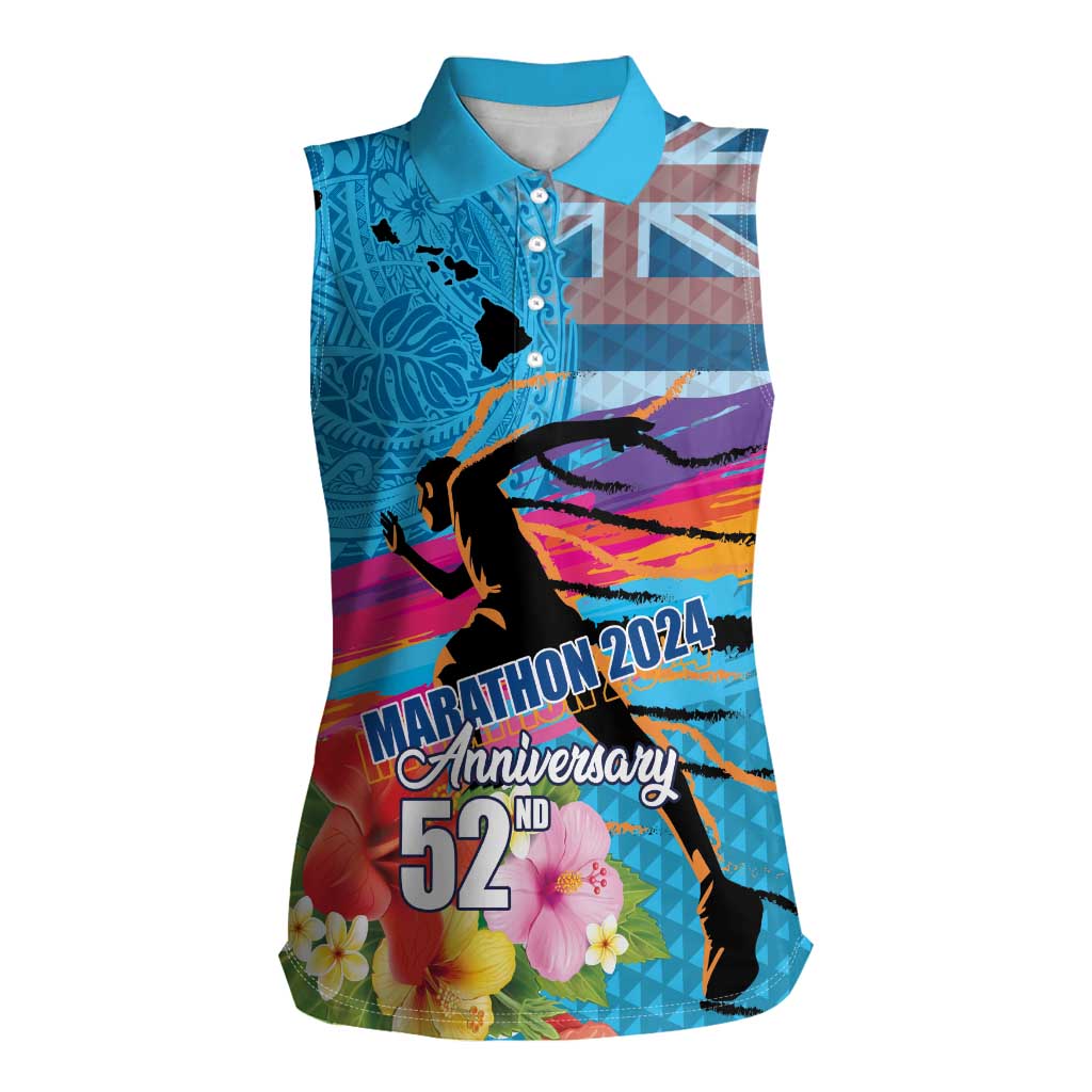 Honolulu Anniversary 52nd Running Women Sleeveless Polo Shirt Marathon Competition Kakau Pattern Blue Color LT03 Female Blue - Polynesian Pride