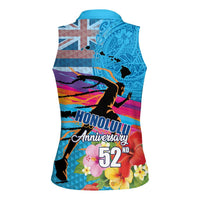 Honolulu Anniversary 52nd Running Women Sleeveless Polo Shirt Marathon Competition Kakau Pattern Blue Color