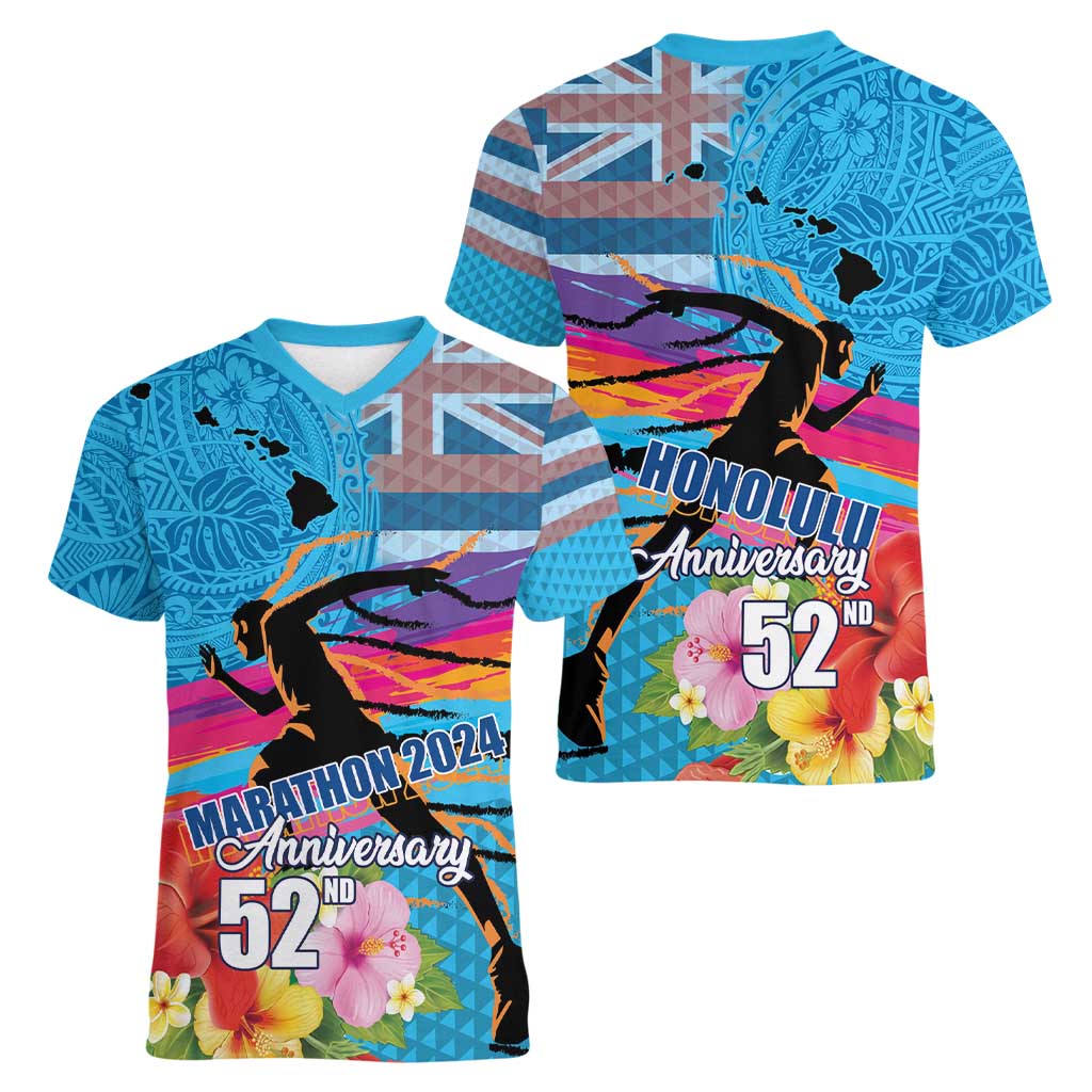 Honolulu Anniversary 52nd Running Women V-Neck T-Shirt Marathon Competition Kakau Pattern Blue Color