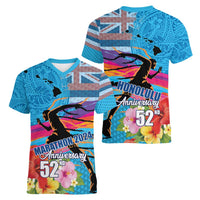 Honolulu Anniversary 52nd Running Women V-Neck T-Shirt Marathon Competition Kakau Pattern Blue Color