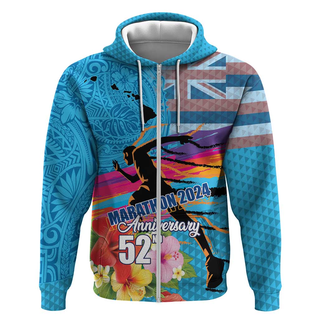Honolulu Anniversary 52nd Running Zip Hoodie Marathon Competition Kakau Pattern Blue Color LT03 Zip Hoodie Blue - Polynesian Pride