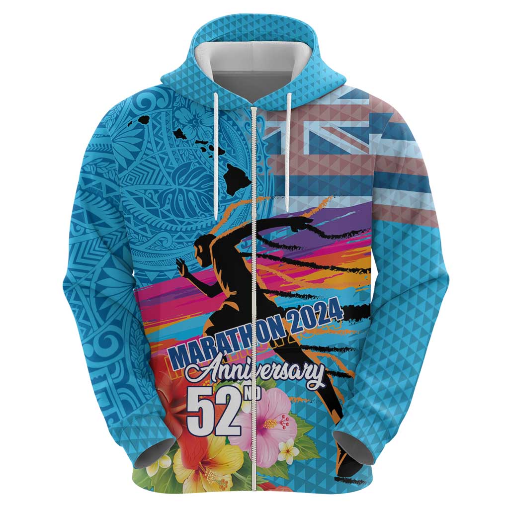Honolulu Anniversary 52nd Running Zip Hoodie Marathon Competition Kakau Pattern Blue Color LT03 - Polynesian Pride
