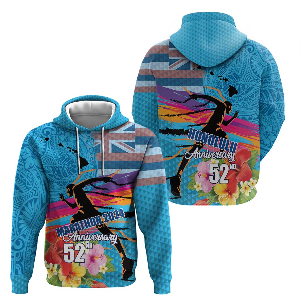 Honolulu Anniversary 52nd Running Zip Hoodie Marathon Competition Kakau Pattern Blue Color LT03 - Polynesian Pride