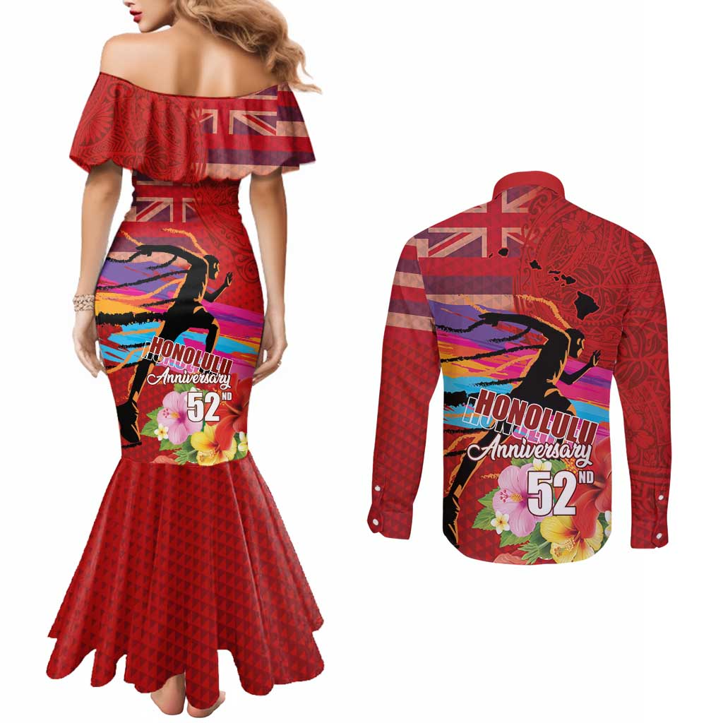 Honolulu Anniversary 52nd Running Couples Matching Mermaid Dress and Long Sleeve Button Shirt Marathon Competition Kakau Pattern Red Color