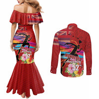 Honolulu Anniversary 52nd Running Couples Matching Mermaid Dress and Long Sleeve Button Shirt Marathon Competition Kakau Pattern Red Color
