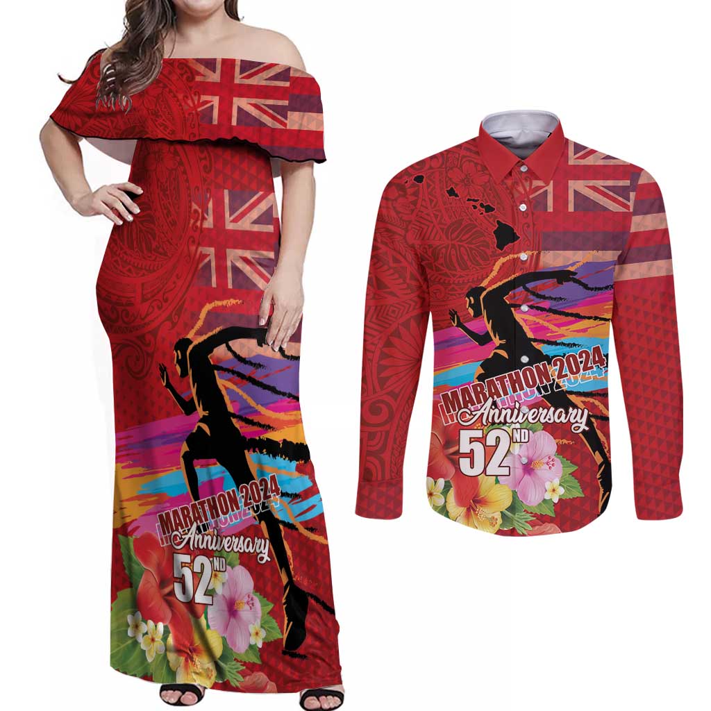 Honolulu Anniversary 52nd Running Couples Matching Off Shoulder Maxi Dress and Long Sleeve Button Shirt Marathon Competition Kakau Pattern Red Color LT03 Red - Polynesian Pride
