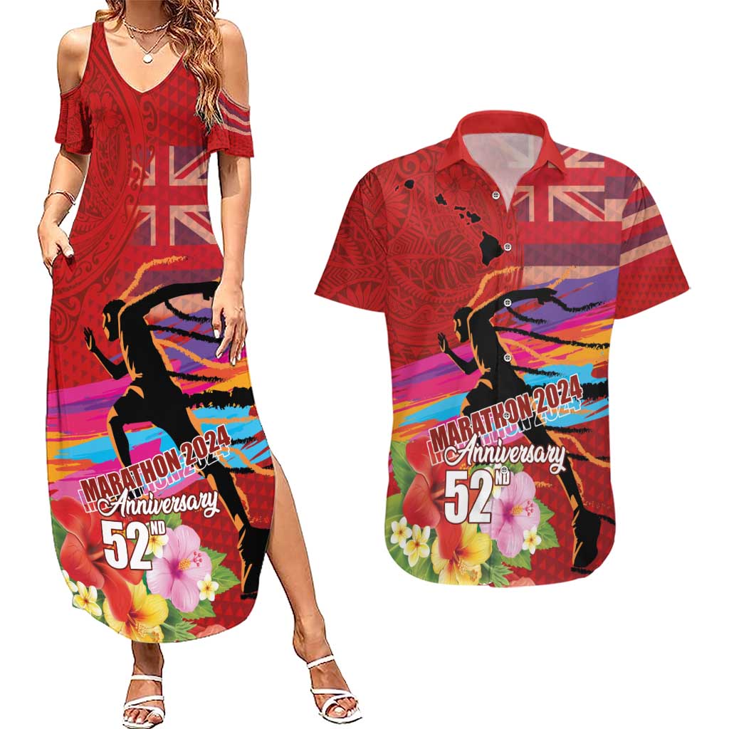 Honolulu Anniversary 52nd Running Couples Matching Summer Maxi Dress and Hawaiian Shirt Marathon Competition Kakau Pattern Red Color LT03 Red - Polynesian Pride