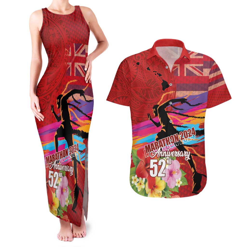 Honolulu Anniversary 52nd Running Couples Matching Tank Maxi Dress and Hawaiian Shirt Marathon Competition Kakau Pattern Red Color LT03 Red - Polynesian Pride
