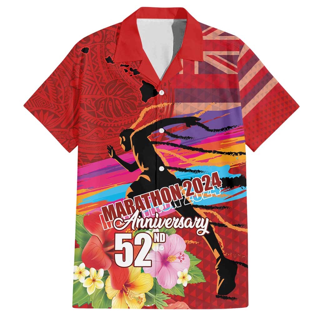 Honolulu Anniversary 52nd Running Family Matching Off Shoulder Maxi Dress and Hawaiian Shirt Marathon Competition Kakau Pattern Red Color