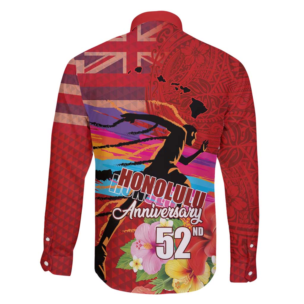 Honolulu Anniversary 52nd Running Family Matching Off Shoulder Maxi Dress and Hawaiian Shirt Marathon Competition Kakau Pattern Red Color