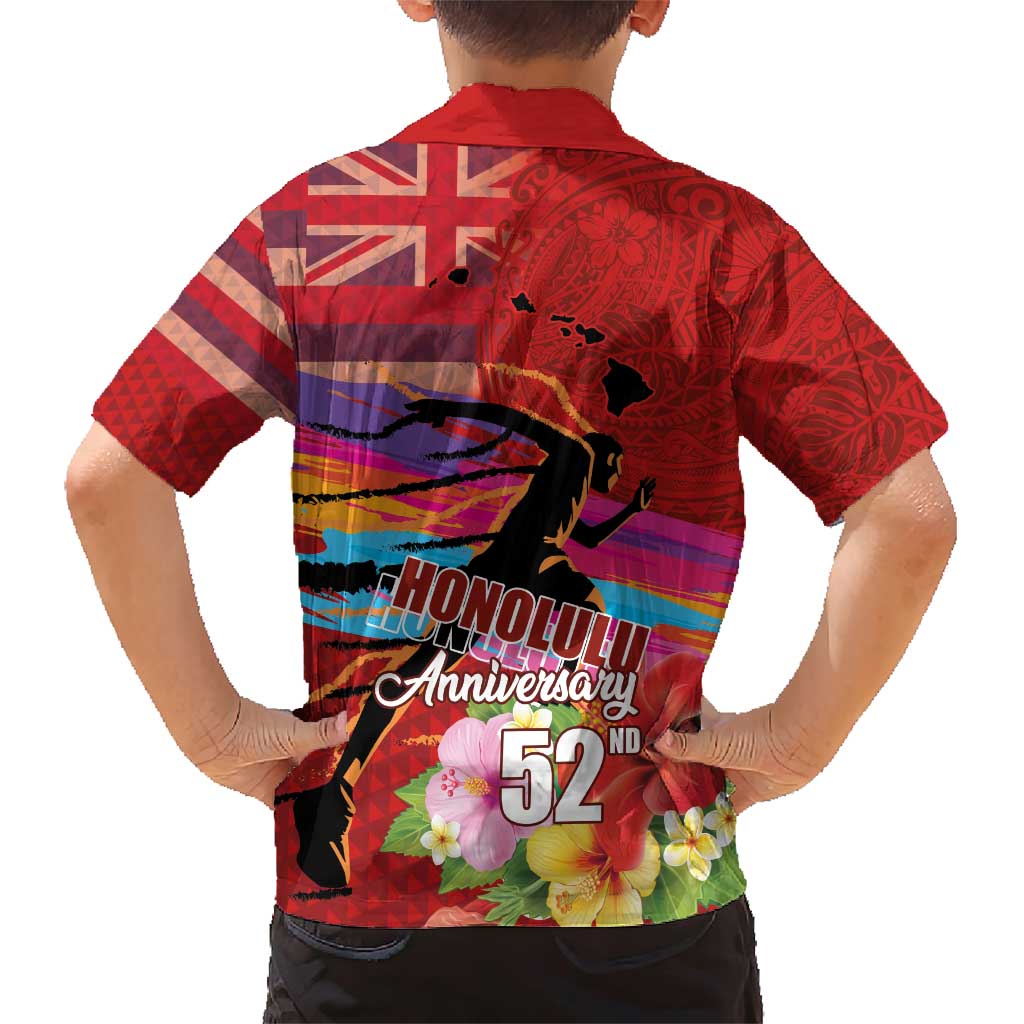 Honolulu Anniversary 52nd Running Family Matching Short Sleeve Bodycon Dress and Hawaiian Shirt Marathon Competition Kakau Pattern Red Color LT03 - Polynesian Pride
