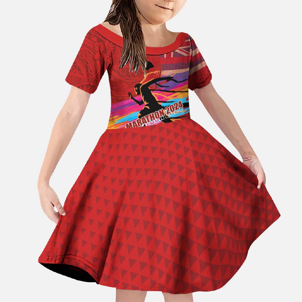 Honolulu Anniversary 52nd Running Family Matching Short Sleeve Bodycon Dress and Hawaiian Shirt Marathon Competition Kakau Pattern Red Color LT03 Daughter's Dress Red - Polynesian Pride