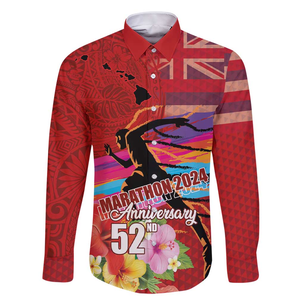 Honolulu Anniversary 52nd Running Family Matching Short Sleeve Bodycon Dress and Hawaiian Shirt Marathon Competition Kakau Pattern Red Color LT03 Dad's Shirt - Long Sleeve Red - Polynesian Pride