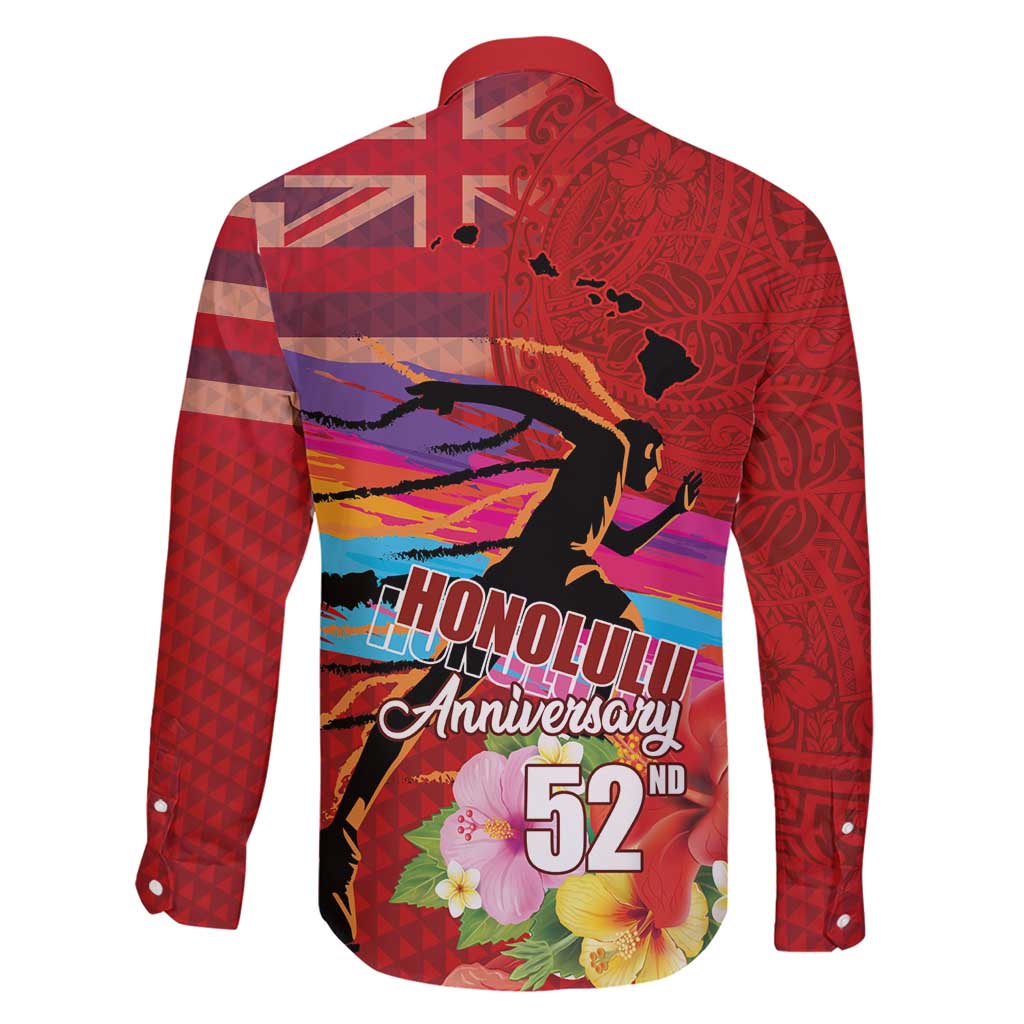 Honolulu Anniversary 52nd Running Family Matching Short Sleeve Bodycon Dress and Hawaiian Shirt Marathon Competition Kakau Pattern Red Color LT03 - Polynesian Pride
