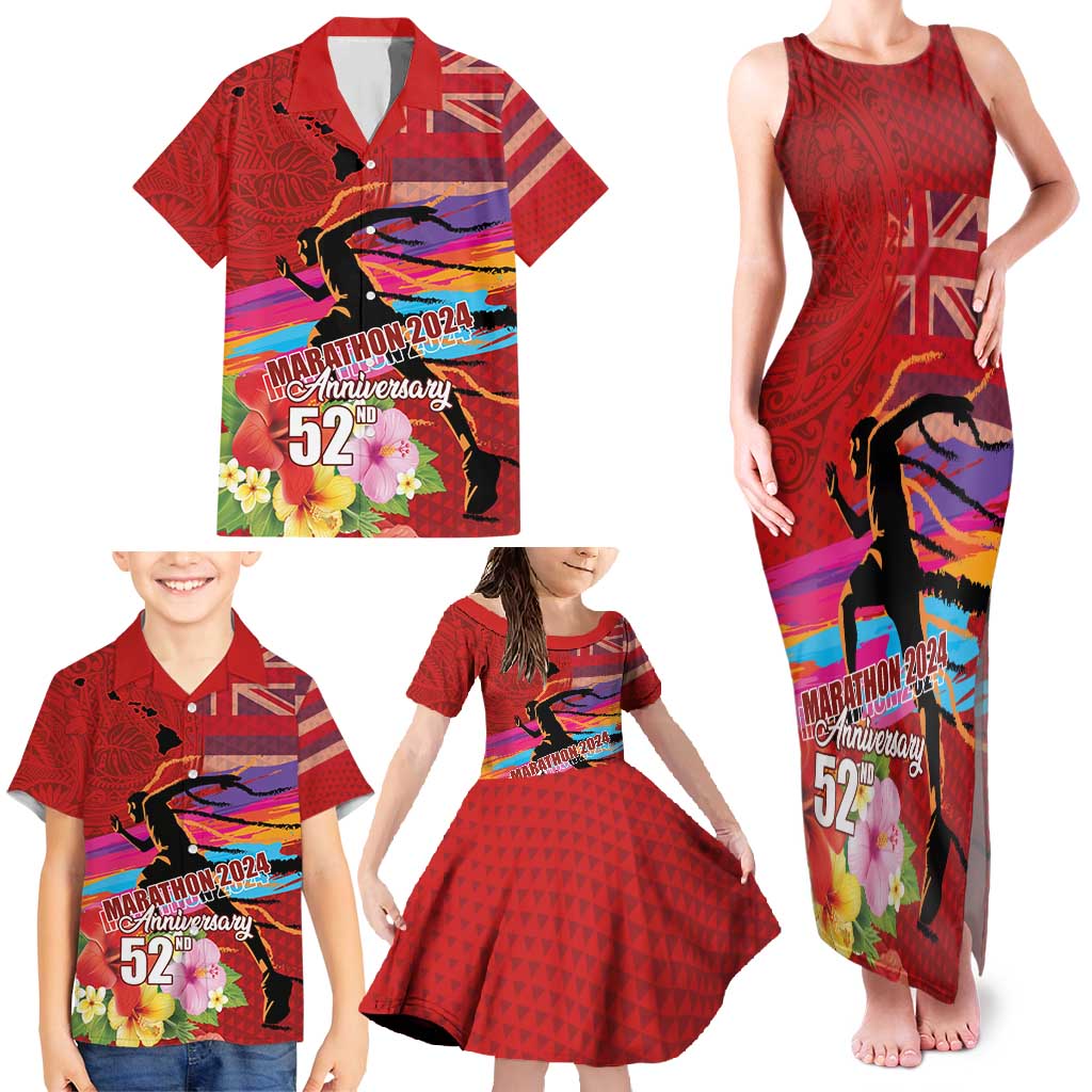 Honolulu Anniversary 52nd Running Family Matching Tank Maxi Dress and Hawaiian Shirt Marathon Competition Kakau Pattern Red Color