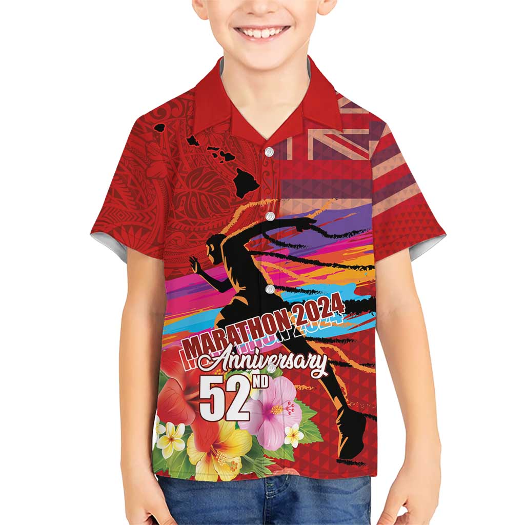 Honolulu Anniversary 52nd Running Kid Hawaiian Shirt Marathon Competition Kakau Pattern Red Color