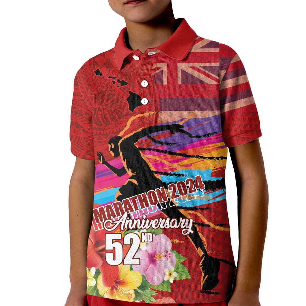 Honolulu Anniversary 52nd Running Kid Polo Shirt Marathon Competition Kakau Pattern Red Color