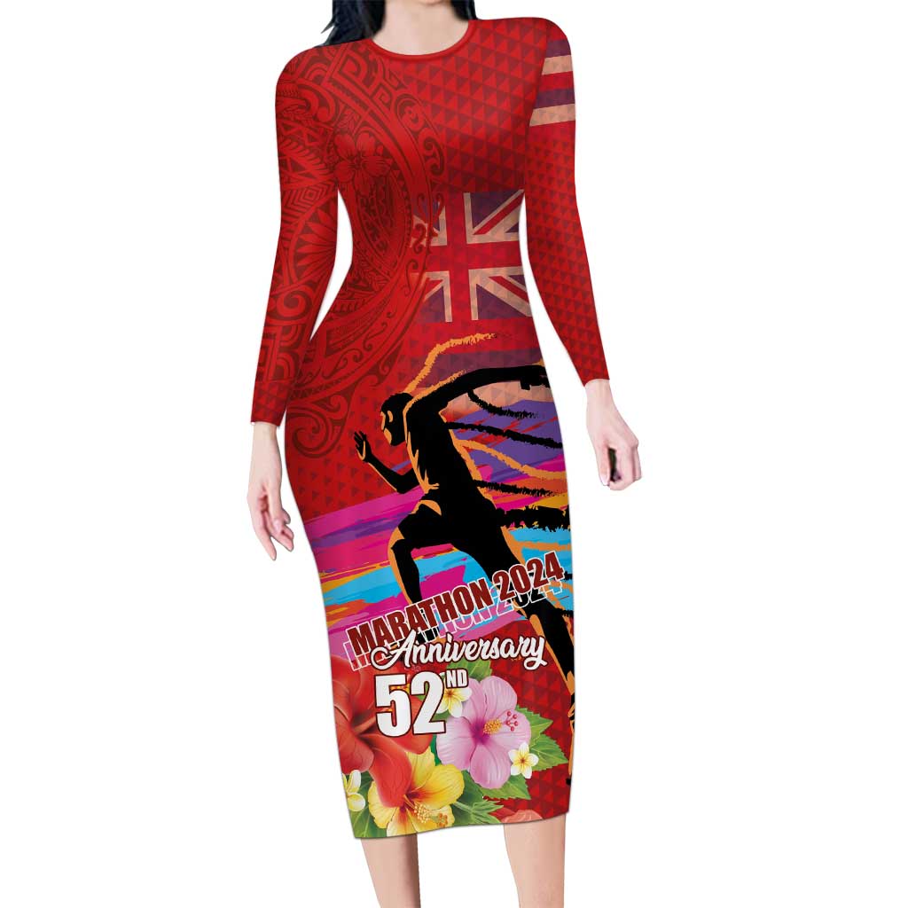 Honolulu Anniversary 52nd Running Long Sleeve Bodycon Dress Marathon Competition Kakau Pattern Red Color LT03 Long Dress Red - Polynesian Pride