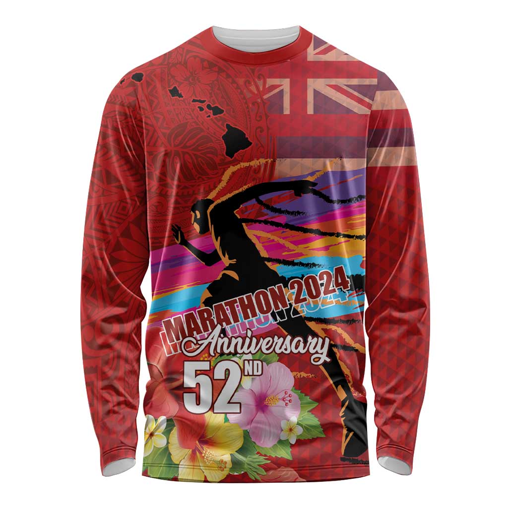 Honolulu Anniversary 52nd Running Long Sleeve Shirt Marathon Competition Kakau Pattern Red Color LT03 Unisex Red - Polynesian Pride