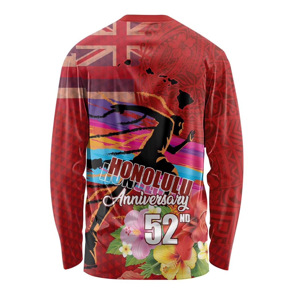 Honolulu Anniversary 52nd Running Long Sleeve Shirt Marathon Competition Kakau Pattern Red Color
