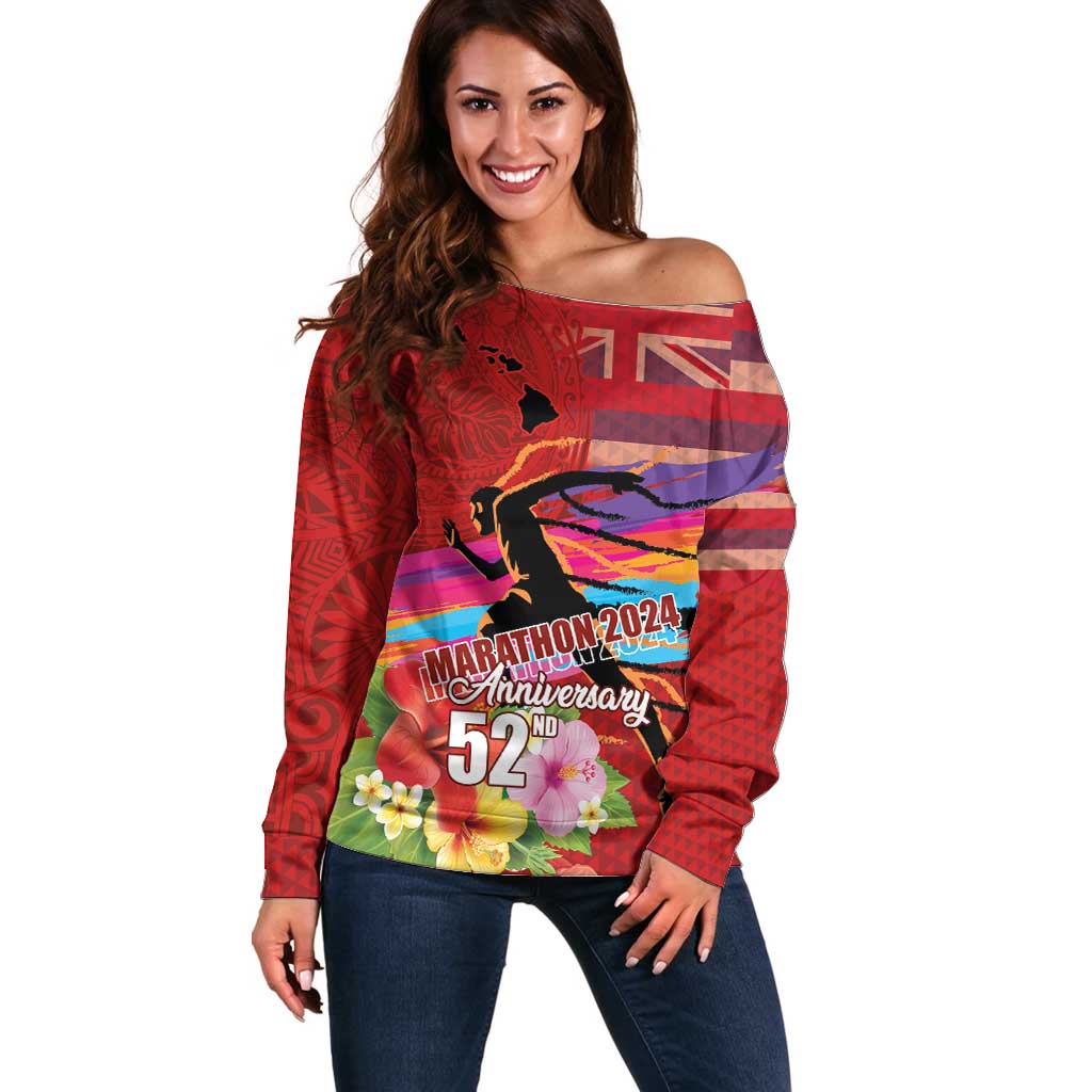 Honolulu Anniversary 52nd Running Off Shoulder Sweater Marathon Competition Kakau Pattern Red Color LT03 Women Red - Polynesian Pride