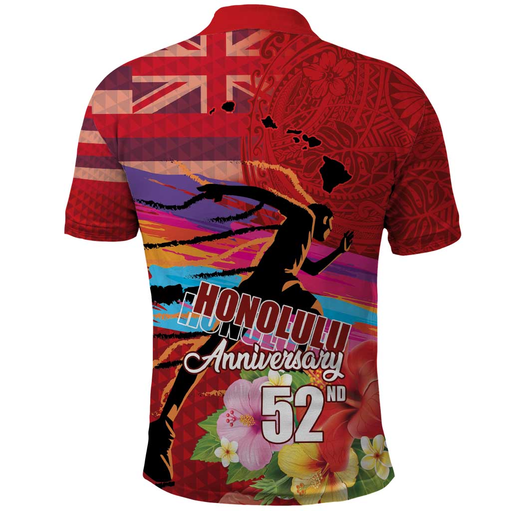 Honolulu Anniversary 52nd Running Polo Shirt Marathon Competition Kakau Pattern Red Color