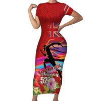 Honolulu Anniversary 52nd Running Short Sleeve Bodycon Dress Marathon Competition Kakau Pattern Red Color LT03 Long Dress Red - Polynesian Pride