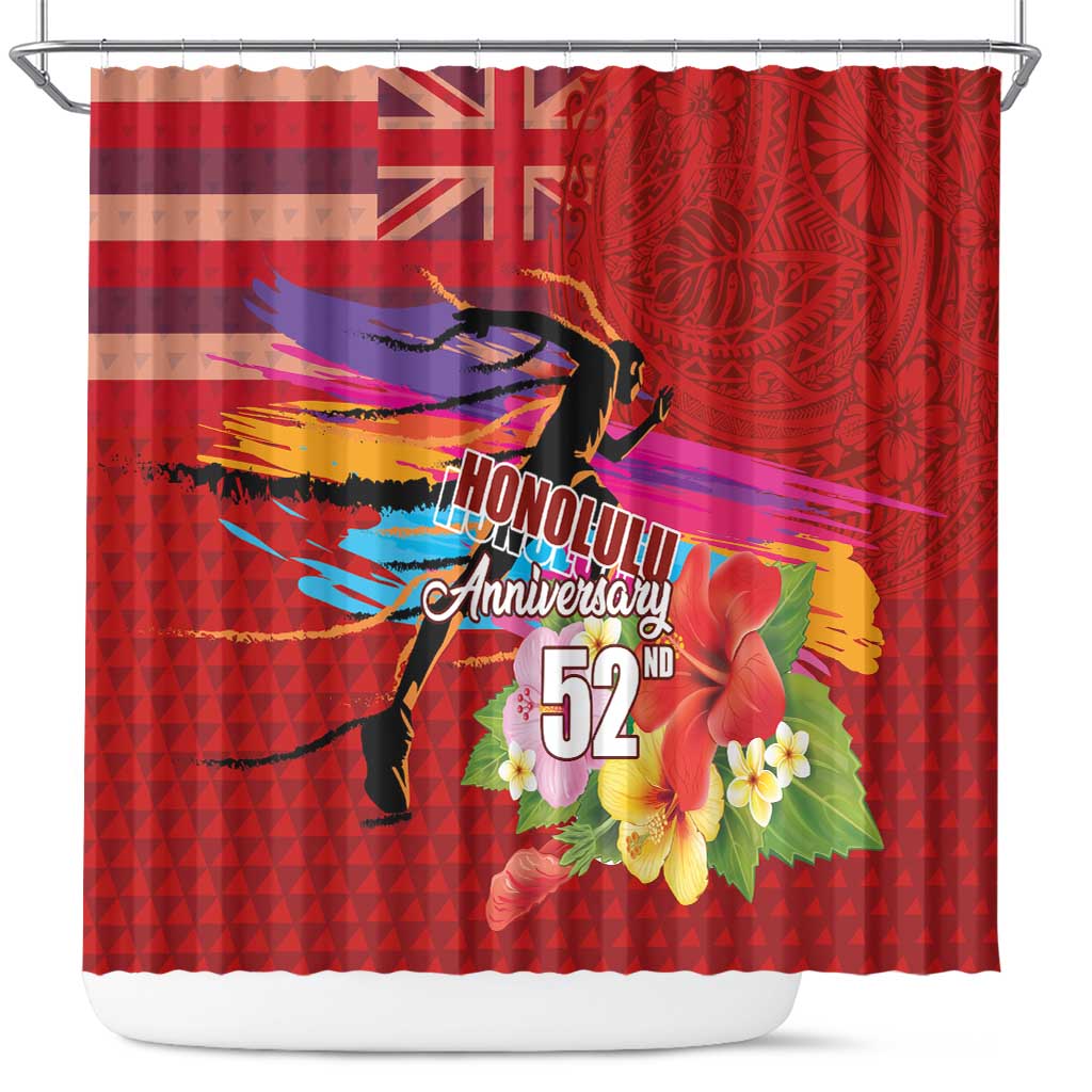 Honolulu Anniversary 52nd Running Shower Curtain Marathon Competition Kakau Pattern Red Color LT03 Red - Polynesian Pride