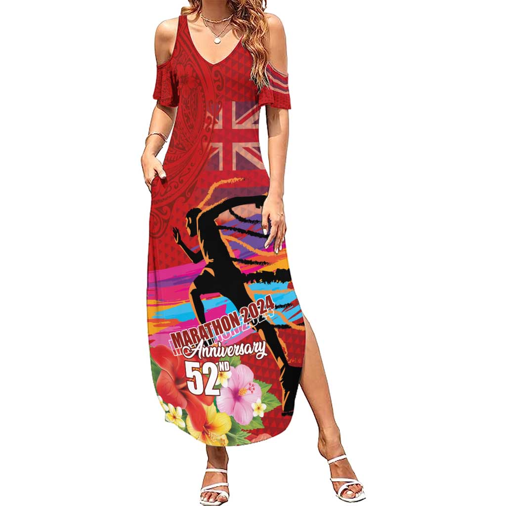 Honolulu Anniversary 52nd Running Summer Maxi Dress Marathon Competition Kakau Pattern Red Color