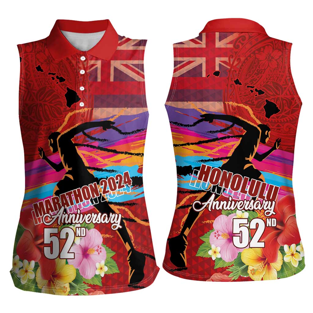 Honolulu Anniversary 52nd Running Women Sleeveless Polo Shirt Marathon Competition Kakau Pattern Red Color