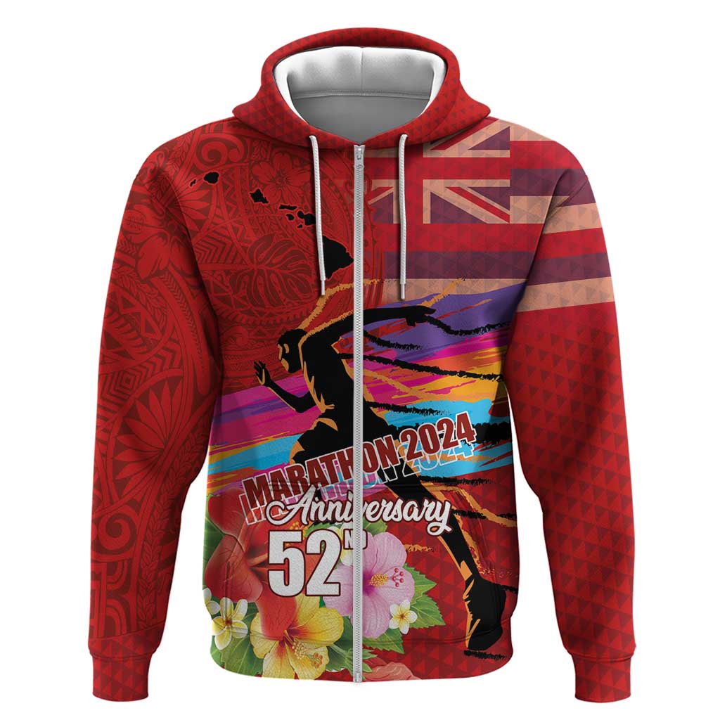 Honolulu Anniversary 52nd Running Zip Hoodie Marathon Competition Kakau Pattern Red Color LT03 Zip Hoodie Red - Polynesian Pride