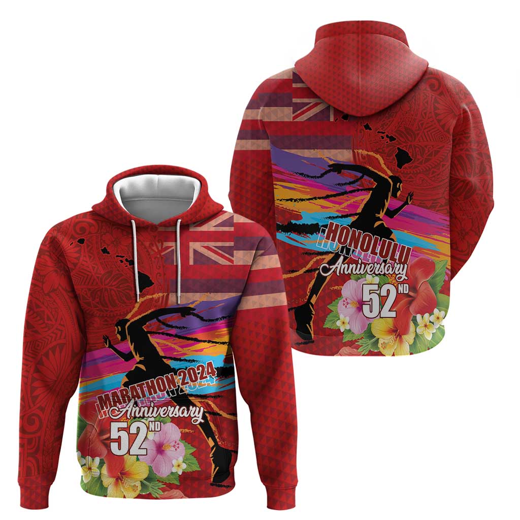 Honolulu Anniversary 52nd Running Zip Hoodie Marathon Competition Kakau Pattern Red Color LT03 - Polynesian Pride