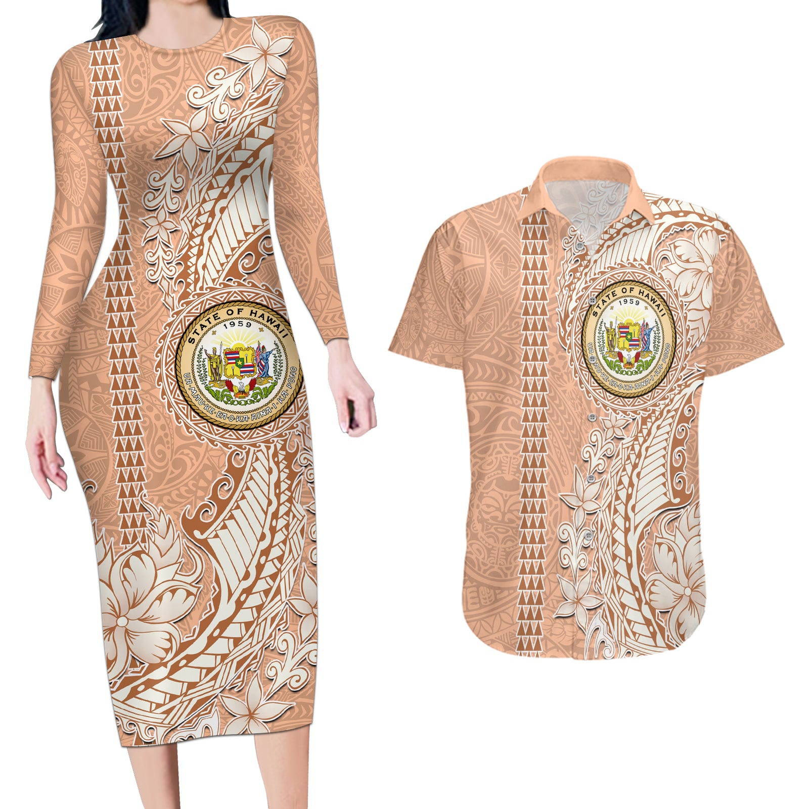 Hawaii Tropical Flowers with Kakau Tribal Couples Matching Long Sleeve Bodycon Dress and Hawaiian Shirt Peach Fuzz Color LT03 Peach Fuzz - Polynesian Pride