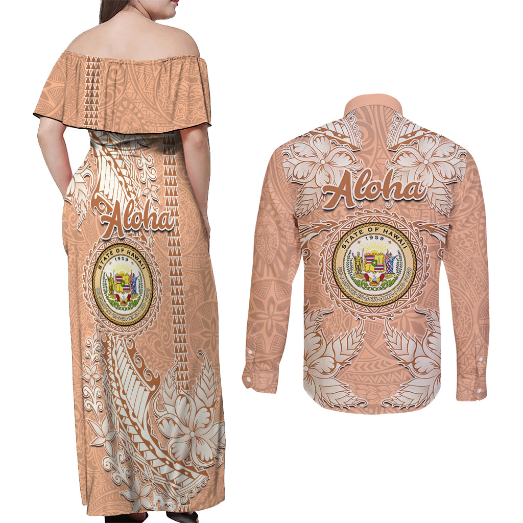 Hawaii Tropical Flowers with Kakau Tribal Couples Matching Off Shoulder Maxi Dress and Long Sleeve Button Shirt Peach Fuzz Color LT03 - Polynesian Pride