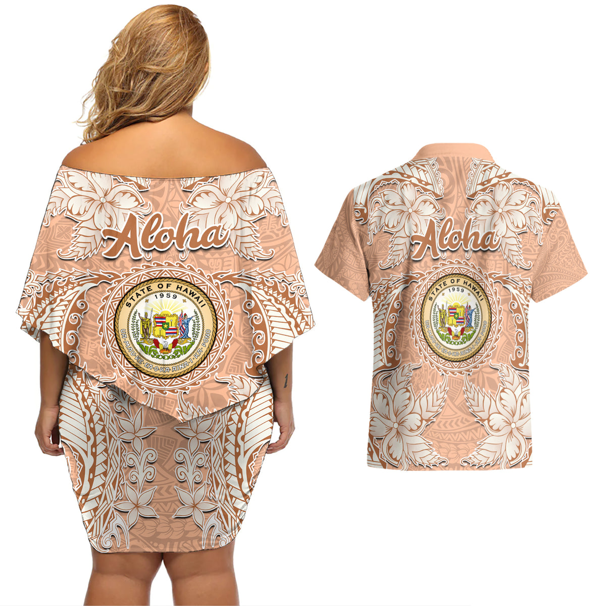 Hawaii Tropical Flowers with Kakau Tribal Couples Matching Off Shoulder Short Dress and Hawaiian Shirt Peach Fuzz Color LT03 - Polynesian Pride
