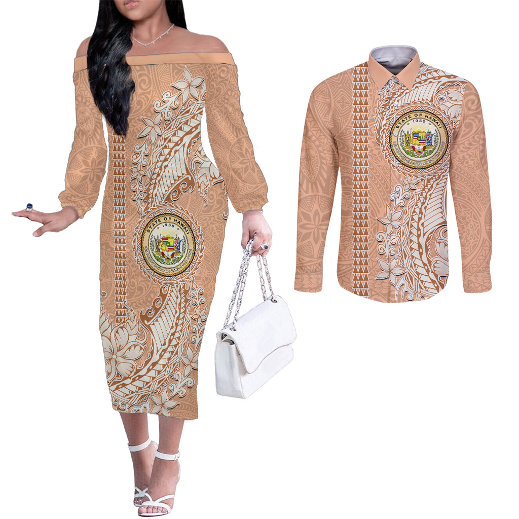 Hawaii Tropical Flowers with Kakau Tribal Couples Matching Off The Shoulder Long Sleeve Dress and Long Sleeve Button Shirt Peach Fuzz Color LT03 Peach Fuzz - Polynesian Pride