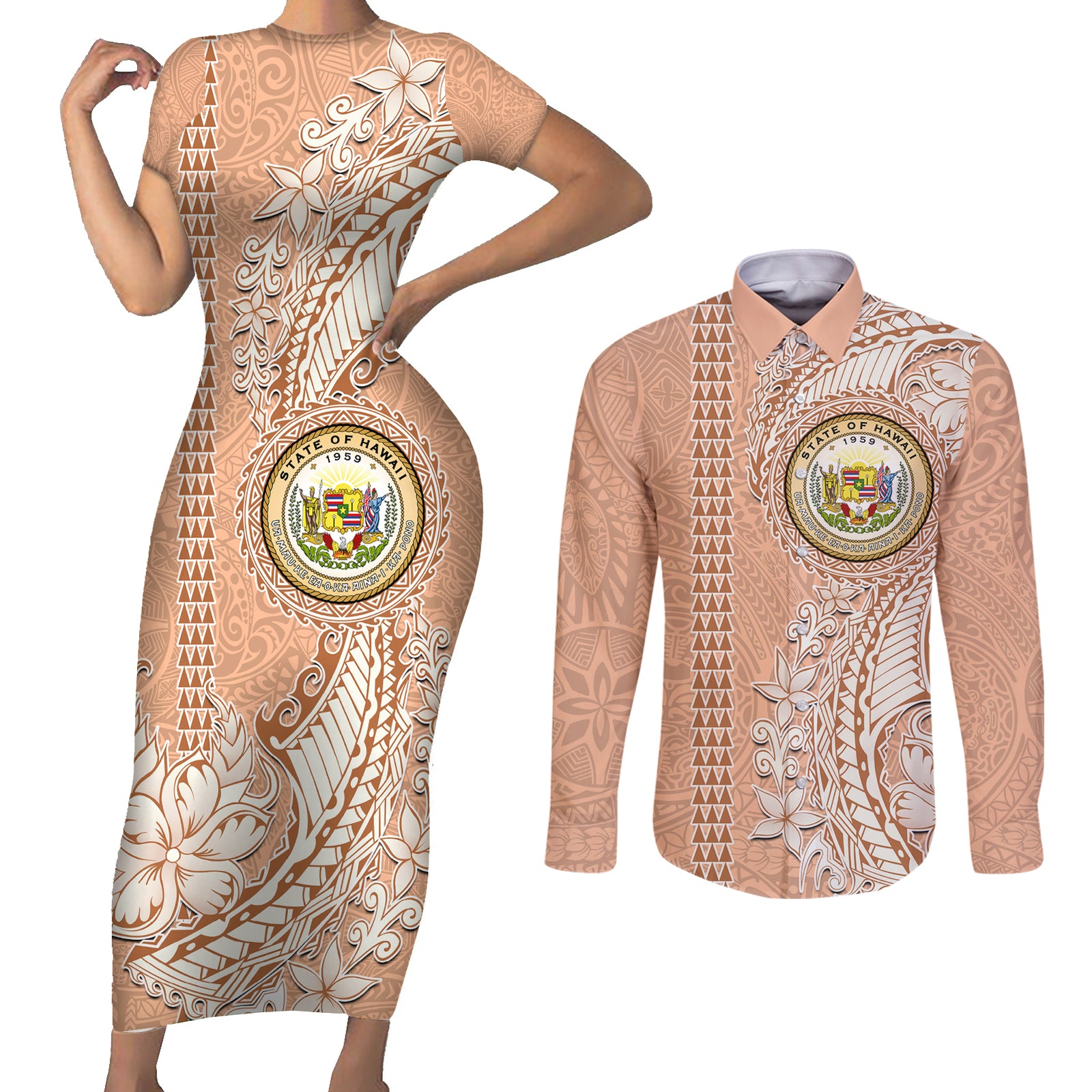 Hawaii Tropical Flowers with Kakau Tribal Couples Matching Short Sleeve Bodycon Dress and Long Sleeve Button Shirt Peach Fuzz Color LT03 Peach Fuzz - Polynesian Pride