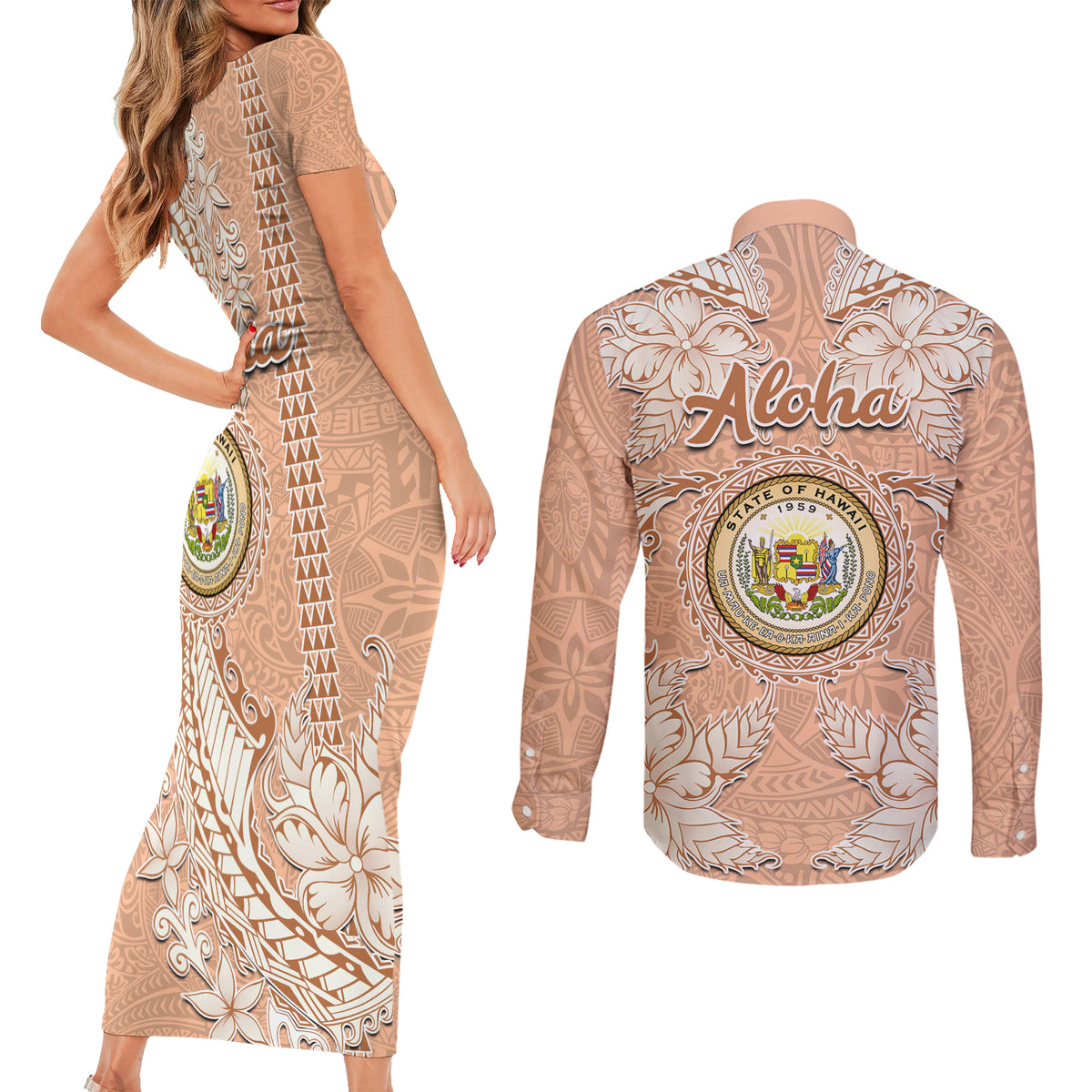 Hawaii Tropical Flowers with Kakau Tribal Couples Matching Short Sleeve Bodycon Dress and Long Sleeve Button Shirt Peach Fuzz Color LT03 - Polynesian Pride