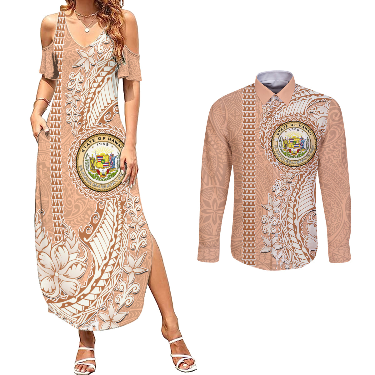 Hawaii Tropical Flowers with Kakau Tribal Couples Matching Summer Maxi Dress and Long Sleeve Button Shirt Peach Fuzz Color LT03 Peach Fuzz - Polynesian Pride