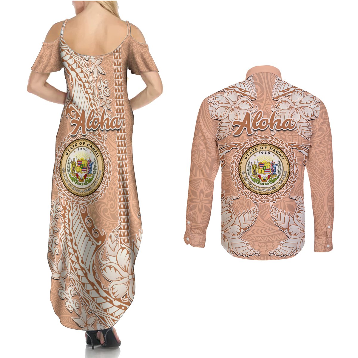 Hawaii Tropical Flowers with Kakau Tribal Couples Matching Summer Maxi Dress and Long Sleeve Button Shirt Peach Fuzz Color LT03 - Polynesian Pride
